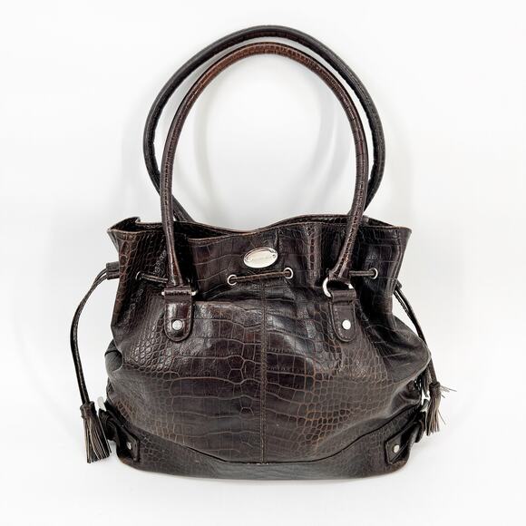 Mac Douglas Tote Shoulder Bag Dark Brown Crocodile Embossed Leather Large READ - Picture 1 of 14